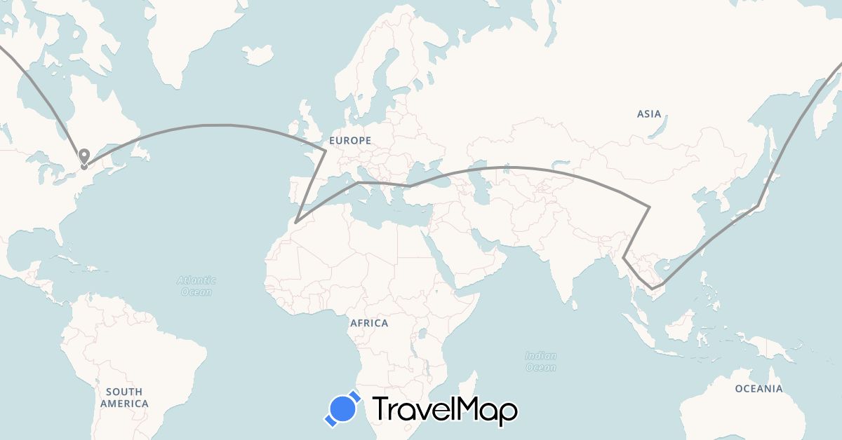TravelMap itinerary: driving, plane in Canada, China, France, Italy, Japan, Cambodia, Morocco, Myanmar (Burma), Thailand, Turkey, Vietnam (Africa, Asia, Europe, North America)